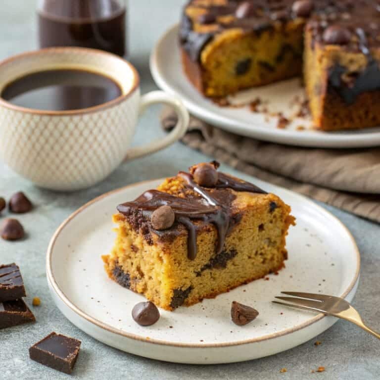 serving-pumpkin-cake.jpg Slice of Pumpkin Chocolate Chunk Cake with coffee