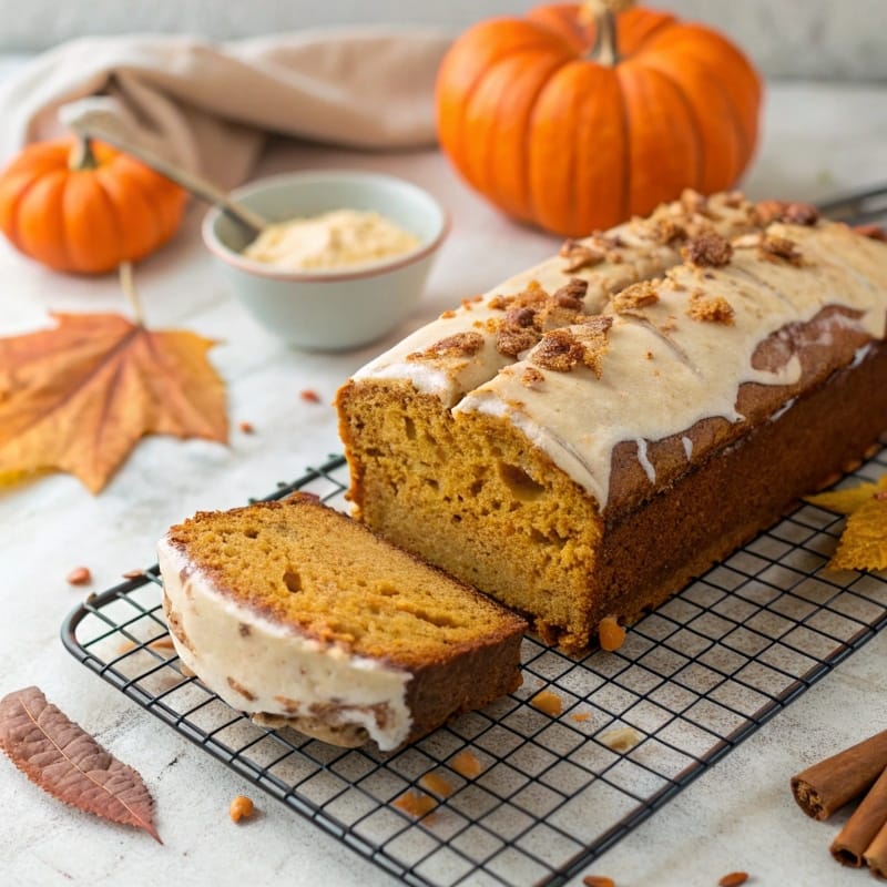 Healthier Pumpkin Banana Bread loaf sliced on rack