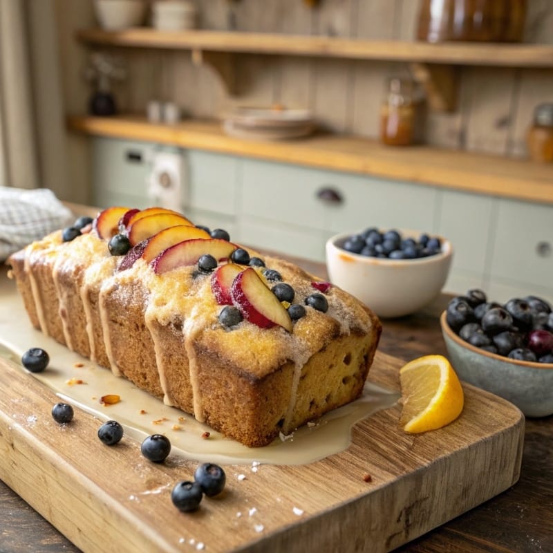 Easy Peach Blueberry Loaf with lemon glaze