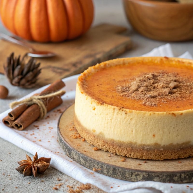 Pumpkin Cottage Cheese Cheesecake on wooden table