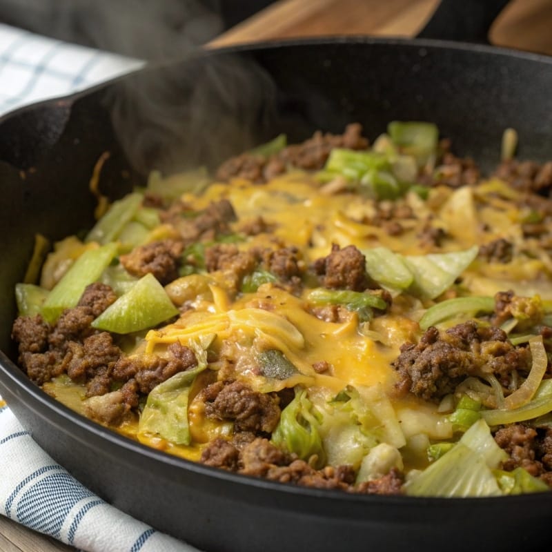 Cheesy Beef and Cabbage Skillet in one pan
