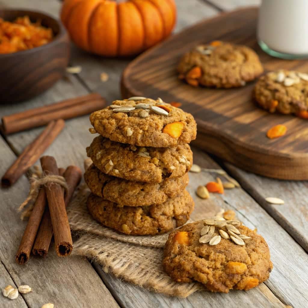 Stack of Pumpkin Oatmeal Cookies on table