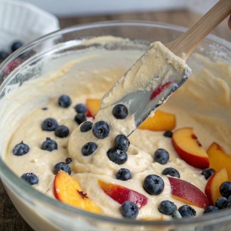 making-peach-blueberry-loaf.jpg Mixing batter for Easy Peach Blueberry Loaf