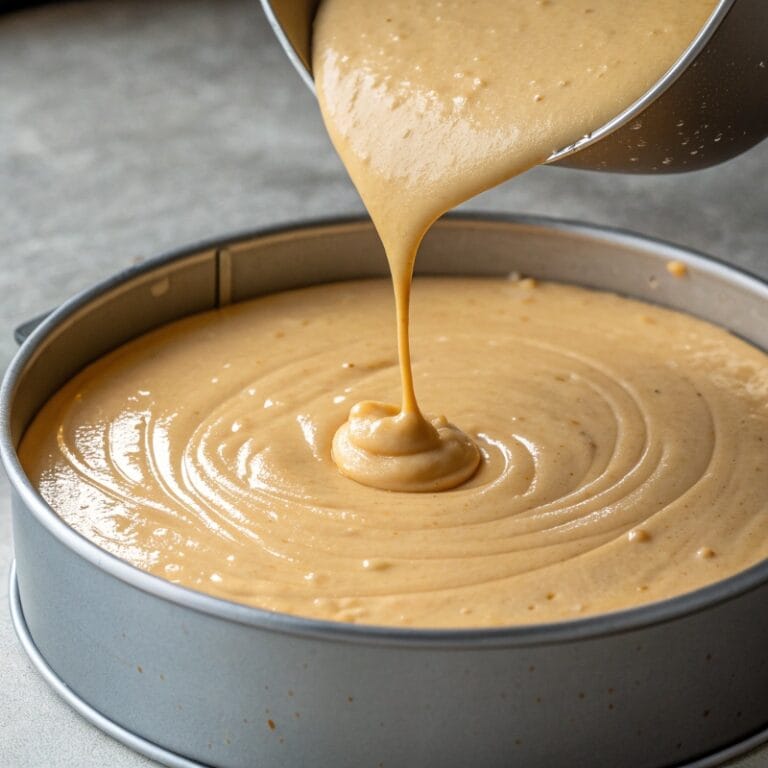 making-pumpkin-cheesecake.jpg Pouring cheesecake batter into pan