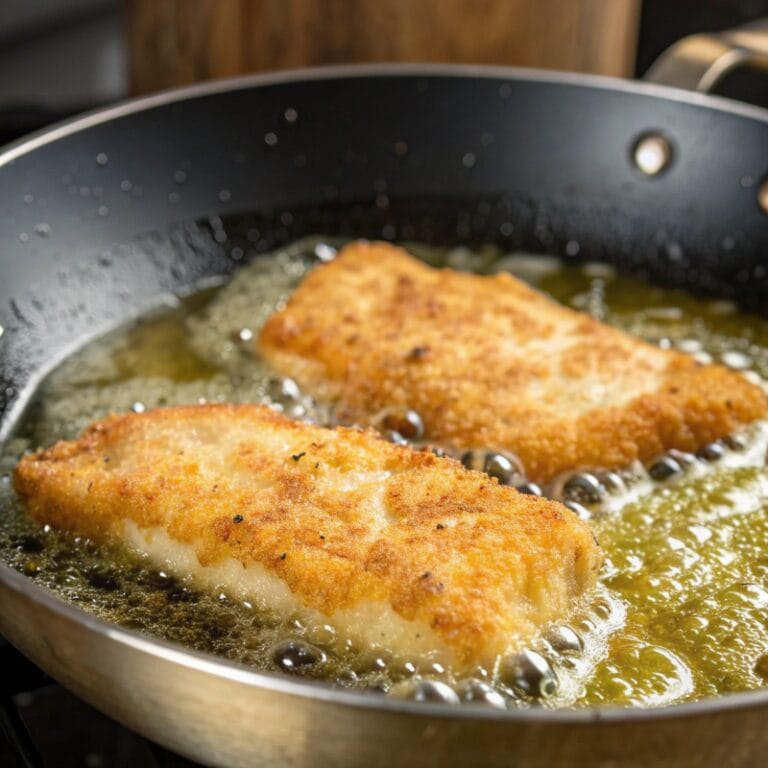 Cod fillets frying for crispy fish tacos