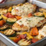 Cheesy Chicken Veggie Sheet Pan Dinner baked with mozzarella