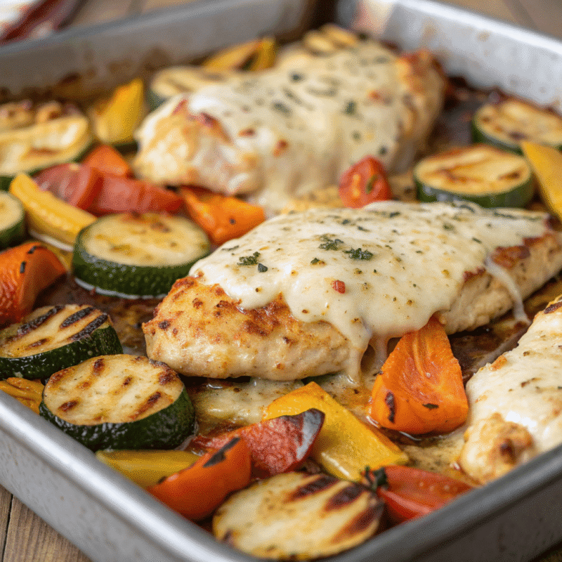 Cheesy Chicken Veggie Sheet Pan Dinner baked with mozzarella