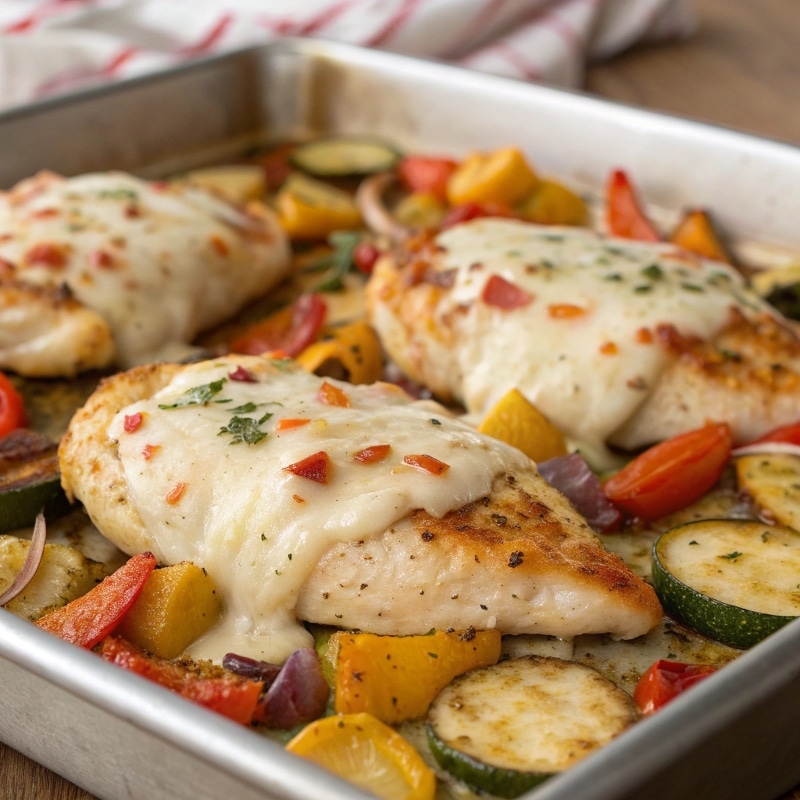 Cheesy Chicken Veggie Sheet Pan Dinner baked with mozzarella