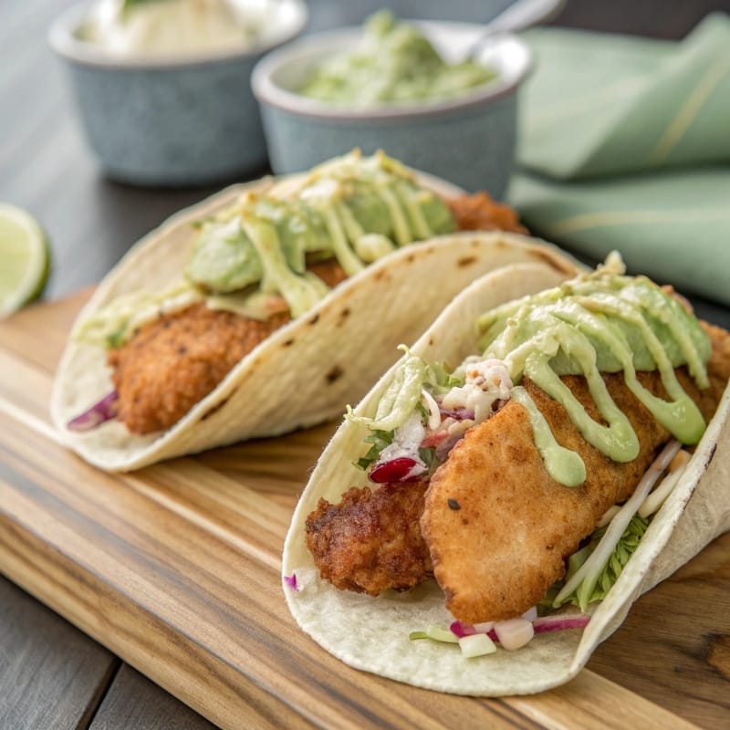 Crispy Fish Tacos with Creamy Green Sauce on plate