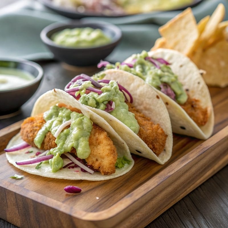 Crispy Fish Tacos with Creamy Green Sauce on plate