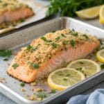 Easy Garlic Parmesan Crusted Salmon baked with golden topping