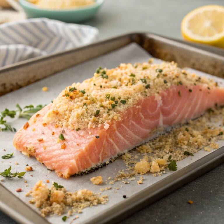 Topping-garlic-parmesan-salmon.jpg Adding garlic parmesan crust to salmon before baking