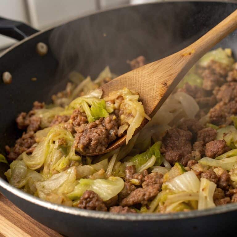 cooking-cheesy-beef-cabbage.jpg Cooking Cheesy Beef & Cabbage in skillet