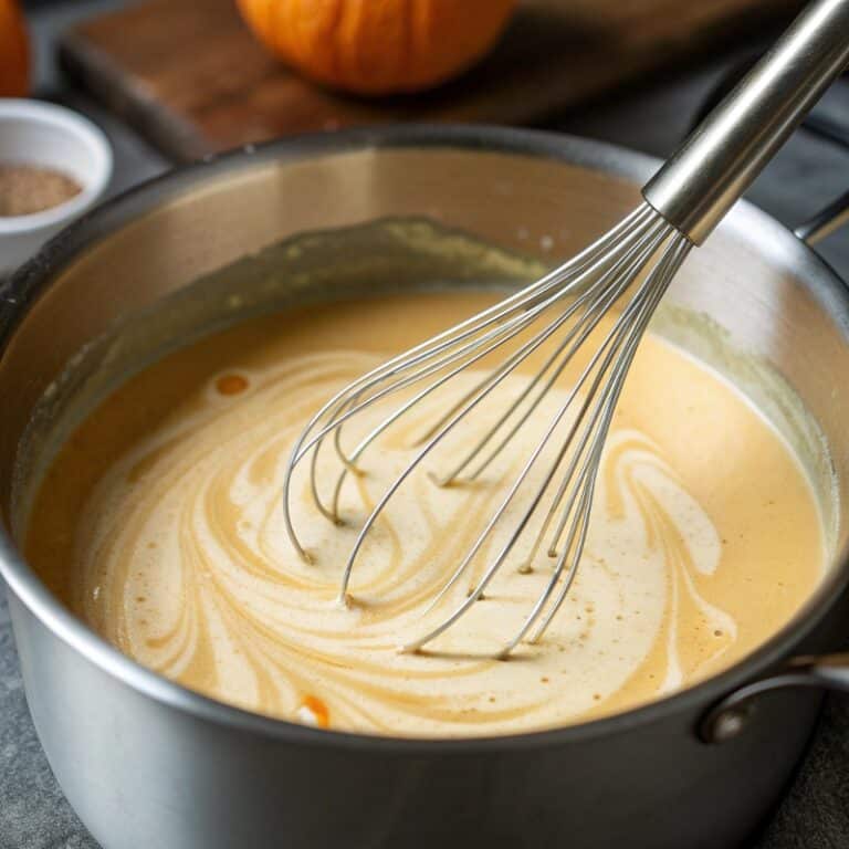 Pumpkin milk mixture for chai latte in saucepan