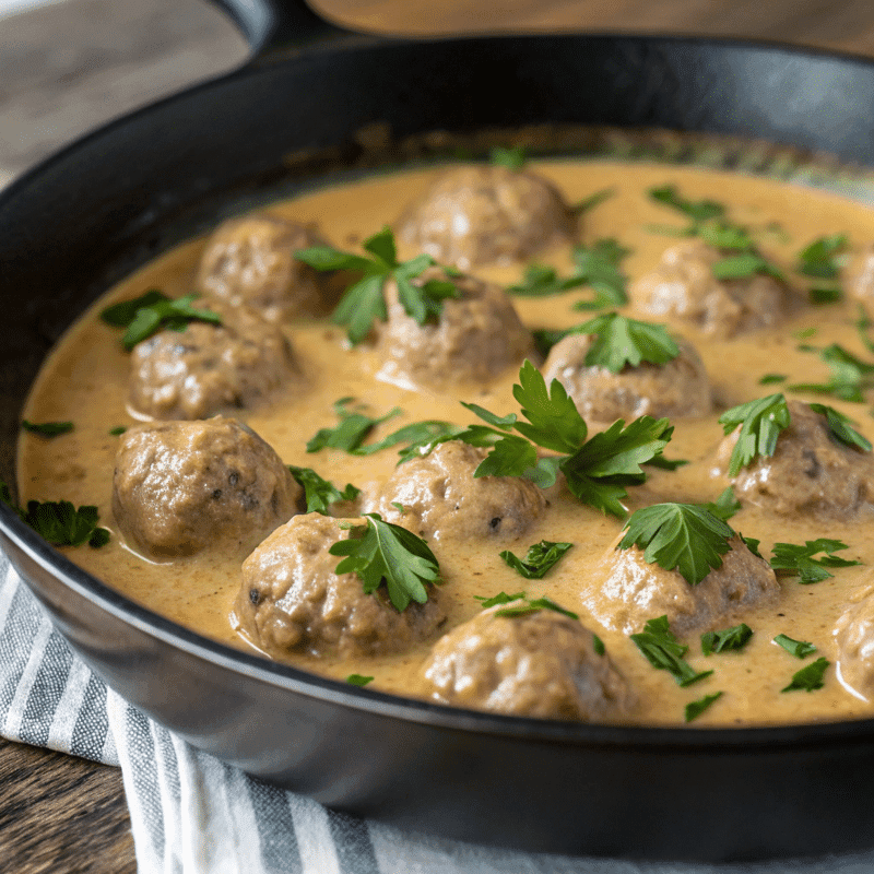 perfect Swedish meatballs in creamy sauce garnished with parsley