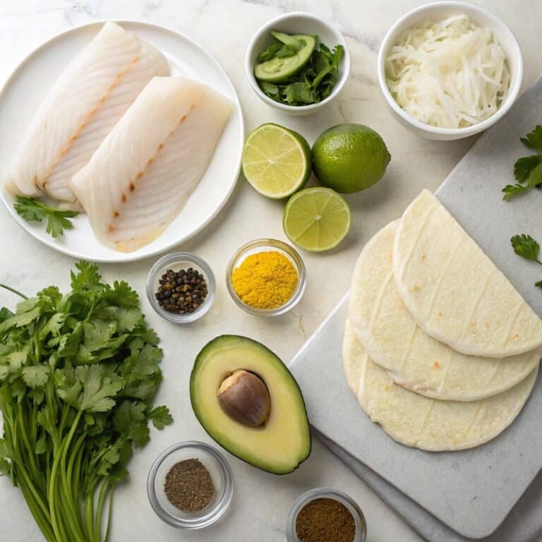 Fresh ingredients for Crispy Fish Tacos with Green Sauce