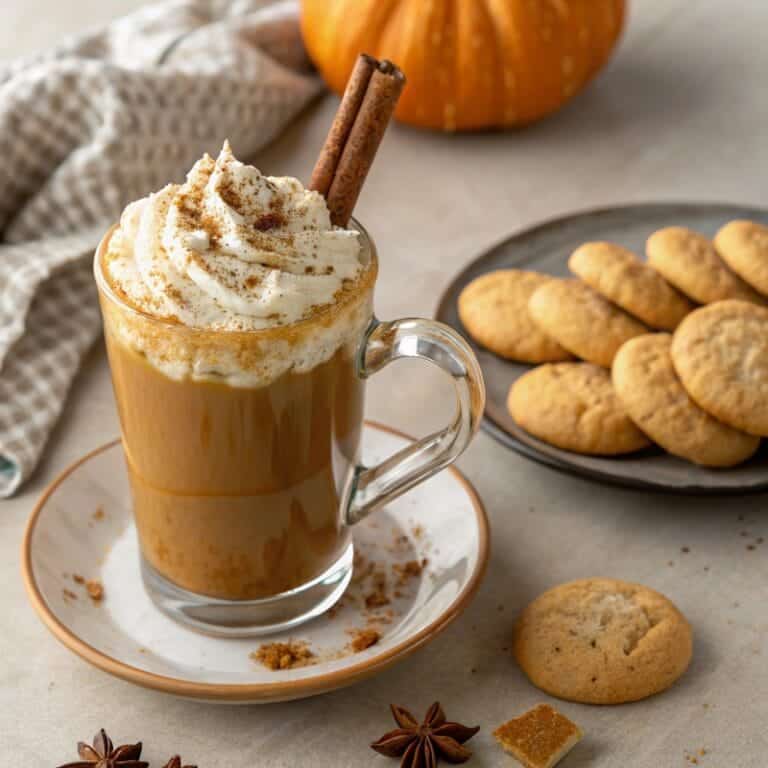 Pumpkin Chai Latte served with cinnamon stick and cookies