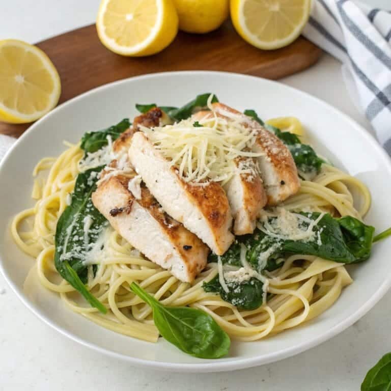Plated Chicken Florentine over pasta with parmesan
