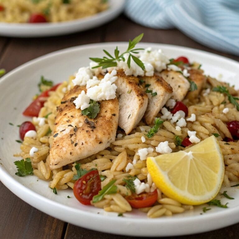 serving-mediterranean-chicken-orzo.jpg Plated serving of Mediterranean Chicken Orzo with feta and herbs