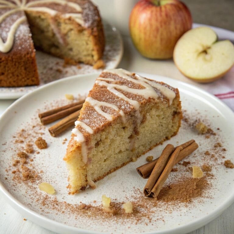 serving-apple-cake-cinnamon-icing.jpg Slice of moist apple cake with cinnamon icing