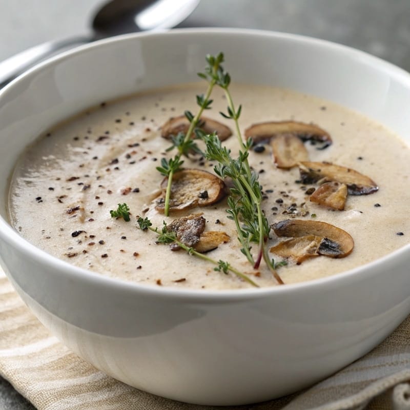 Easy creamy mushroom soup in a rustic bowl