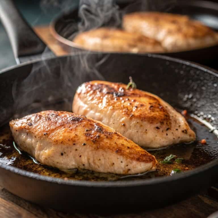 Chicken breasts searing in skillet