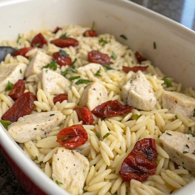 mixing-chicken-orzo-dish.jpg Mixing chicken and orzo in a baking dish