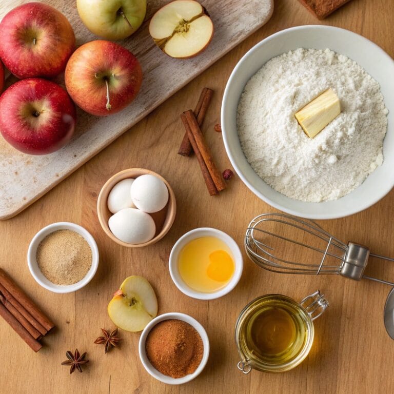 apple-cake-ingredients.jpg Ingredients for apple cake with cinnamon icing