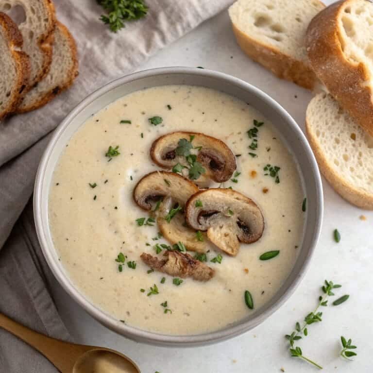 serving-creamy-mushroom-soup.jpg Creamy mushroom soup with bread on the side