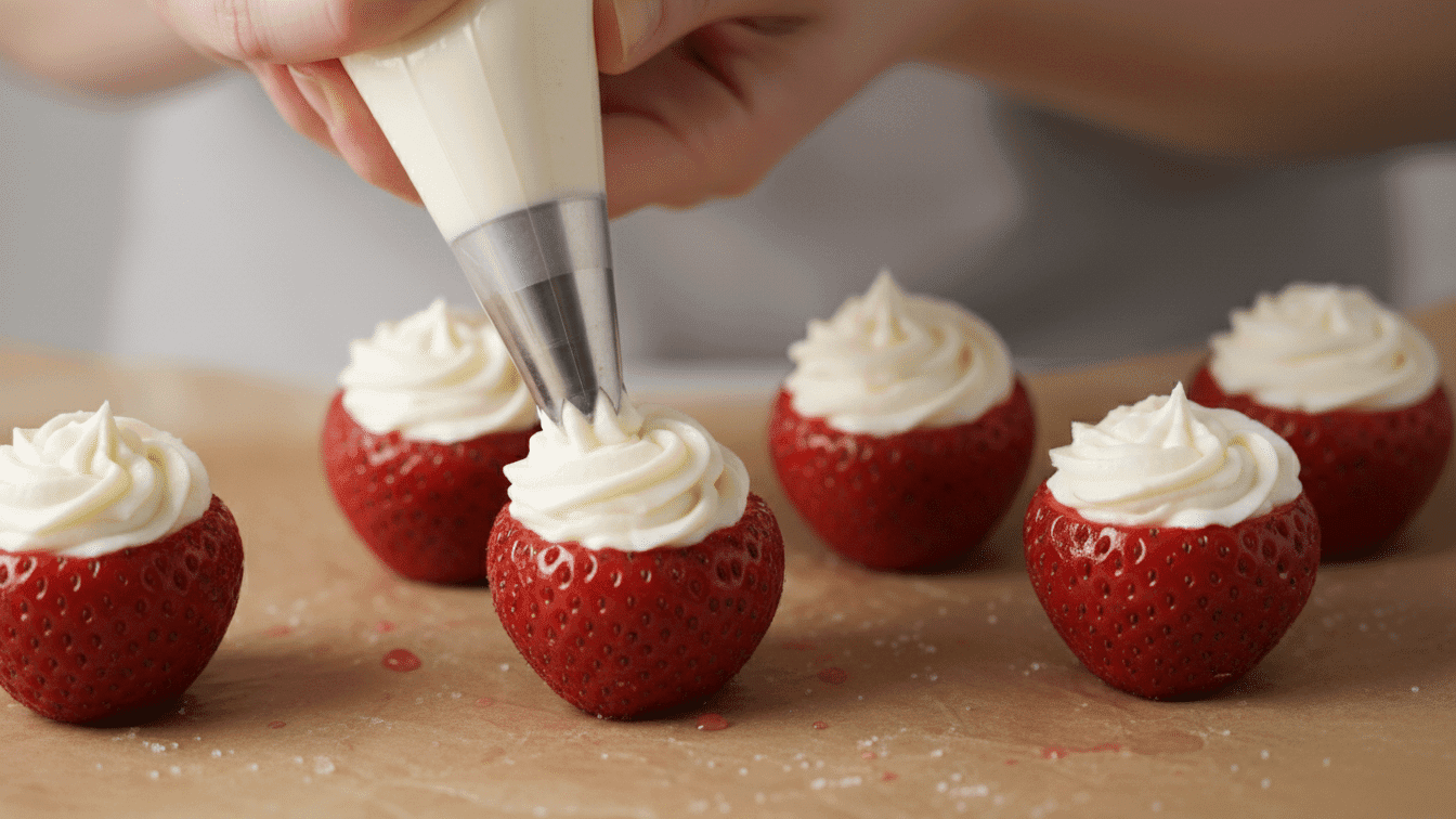 Piping cheesecake filling into fresh strawberries