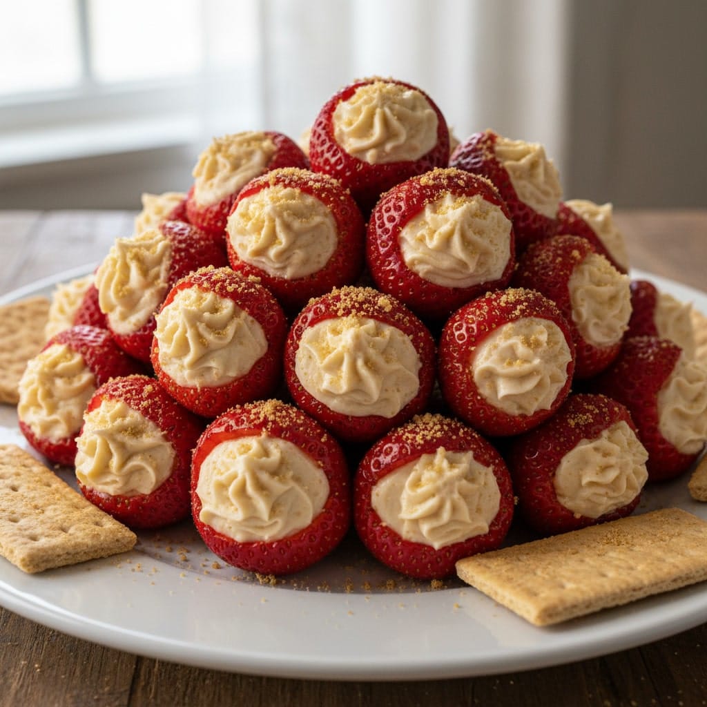 strawberry cheesecake bites on serving tray
