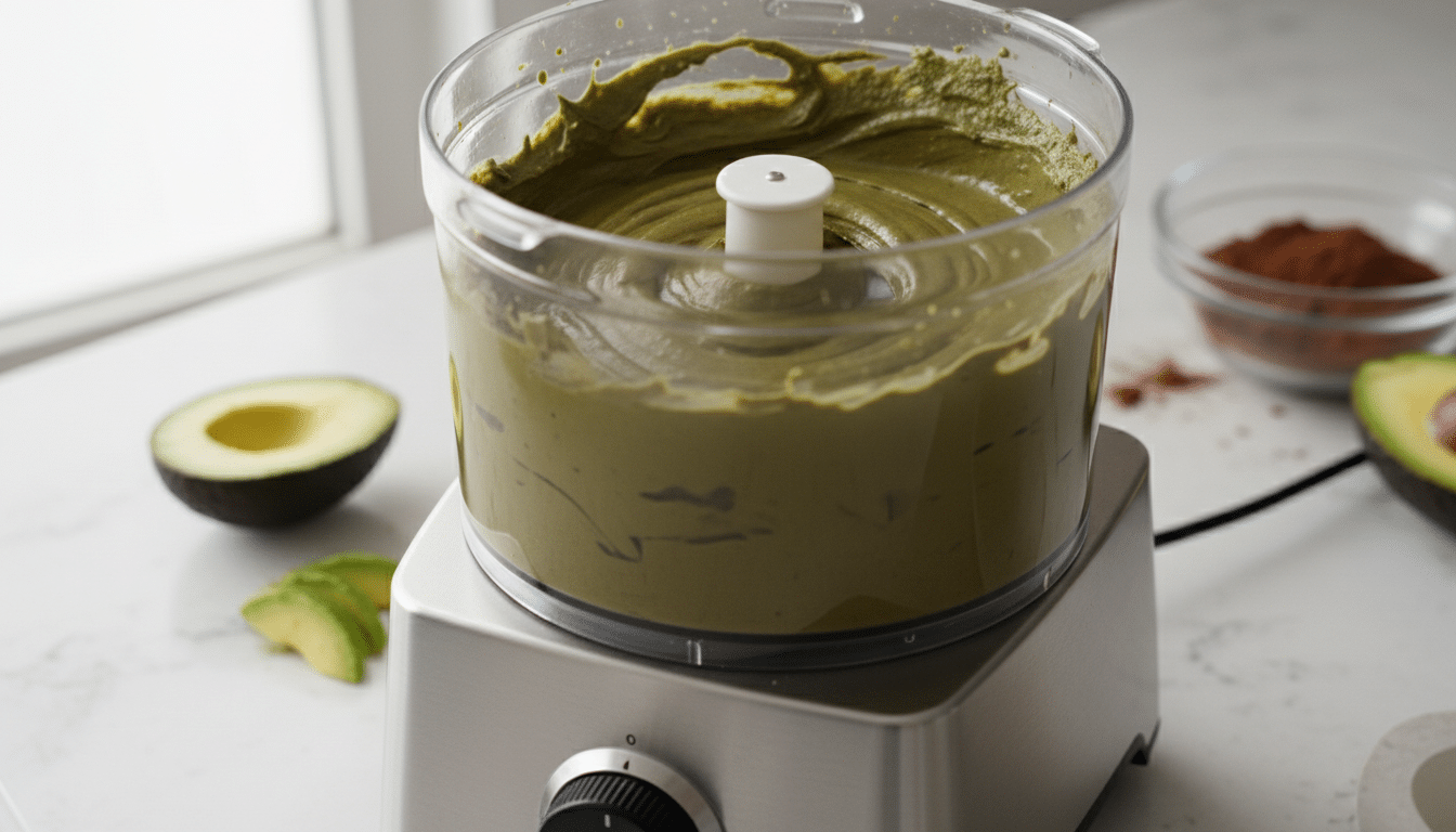 Blending avocado chocolate frosting for cake
