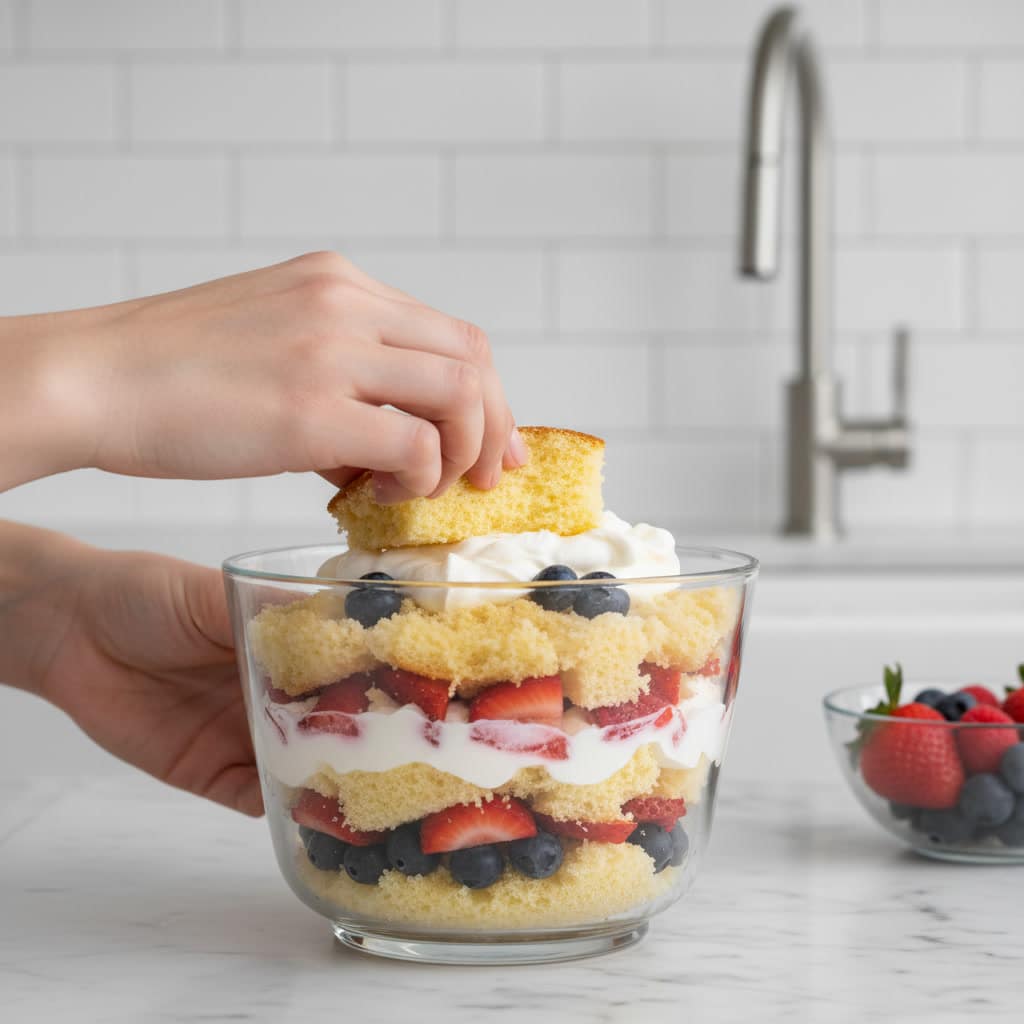 Layering fruit trifle in a glass bowl