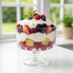 Fruit trifle with layers of fresh fruit cake and cream