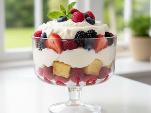 Fruit trifle with layers of fresh fruit cake and cream