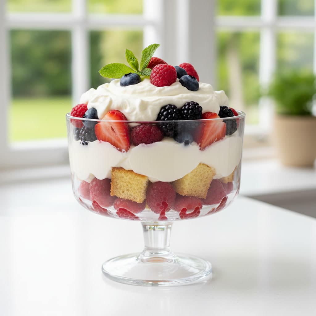 Fruit trifle with layers of fresh fruit cake and cream