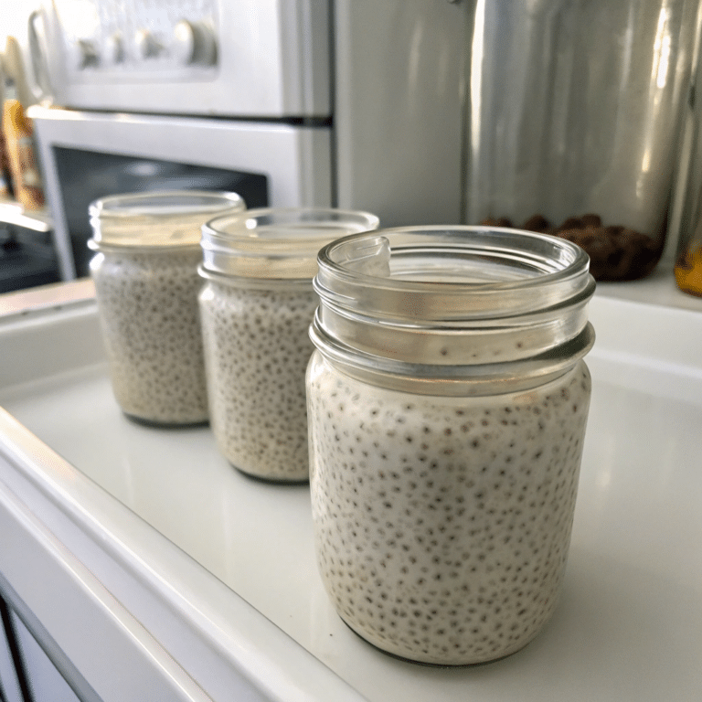 A bowl of chia seed pudding topped with banana slices and peanut butter drizzle.