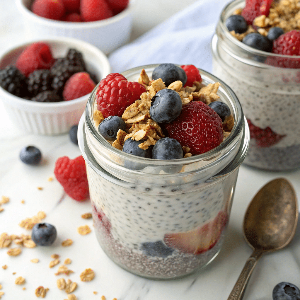 Chia seed pudding with berries and granola
