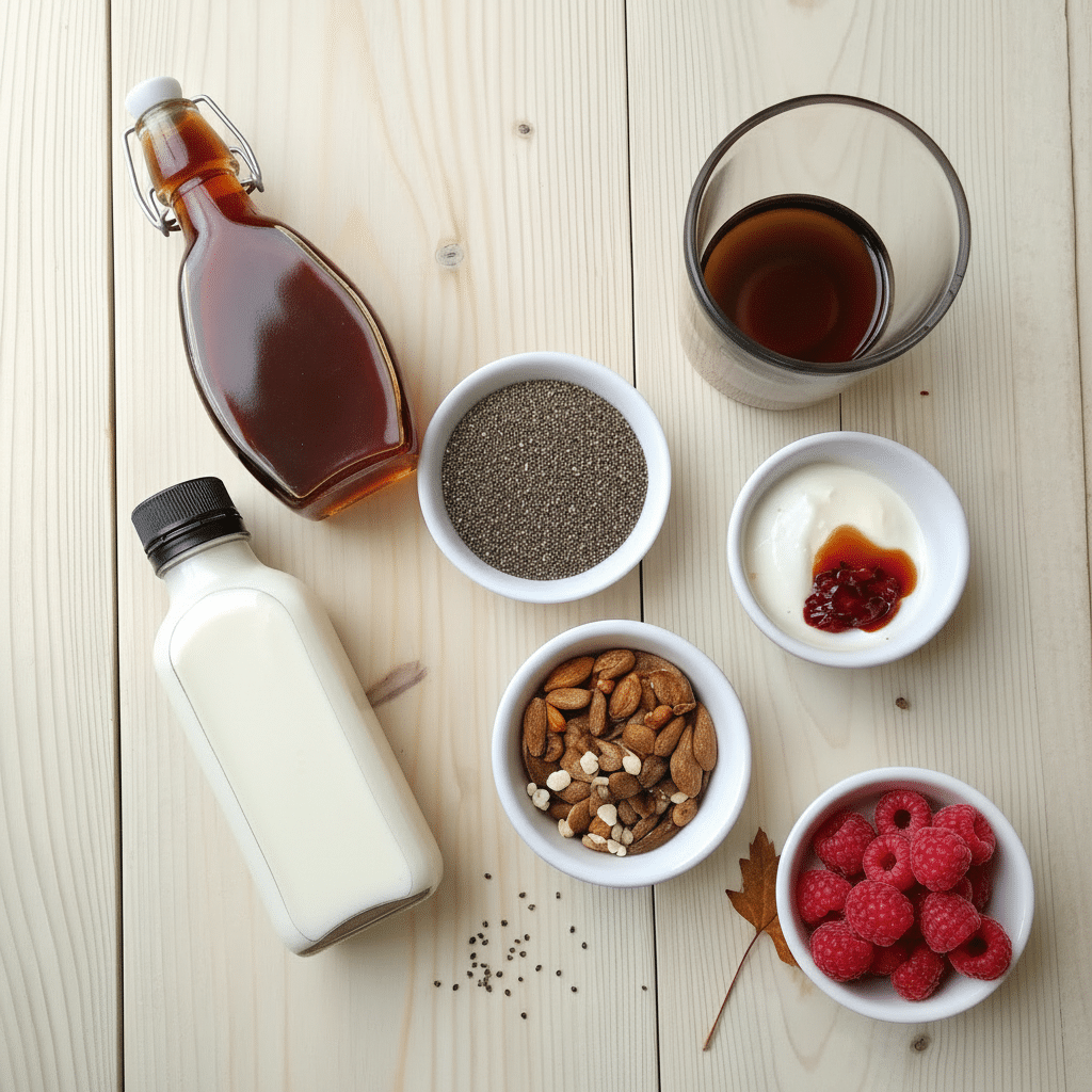 Chia seeds being whisked into milk to create a creamy pudding base.