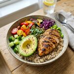 High protein chicken bowl with rice and vegetables