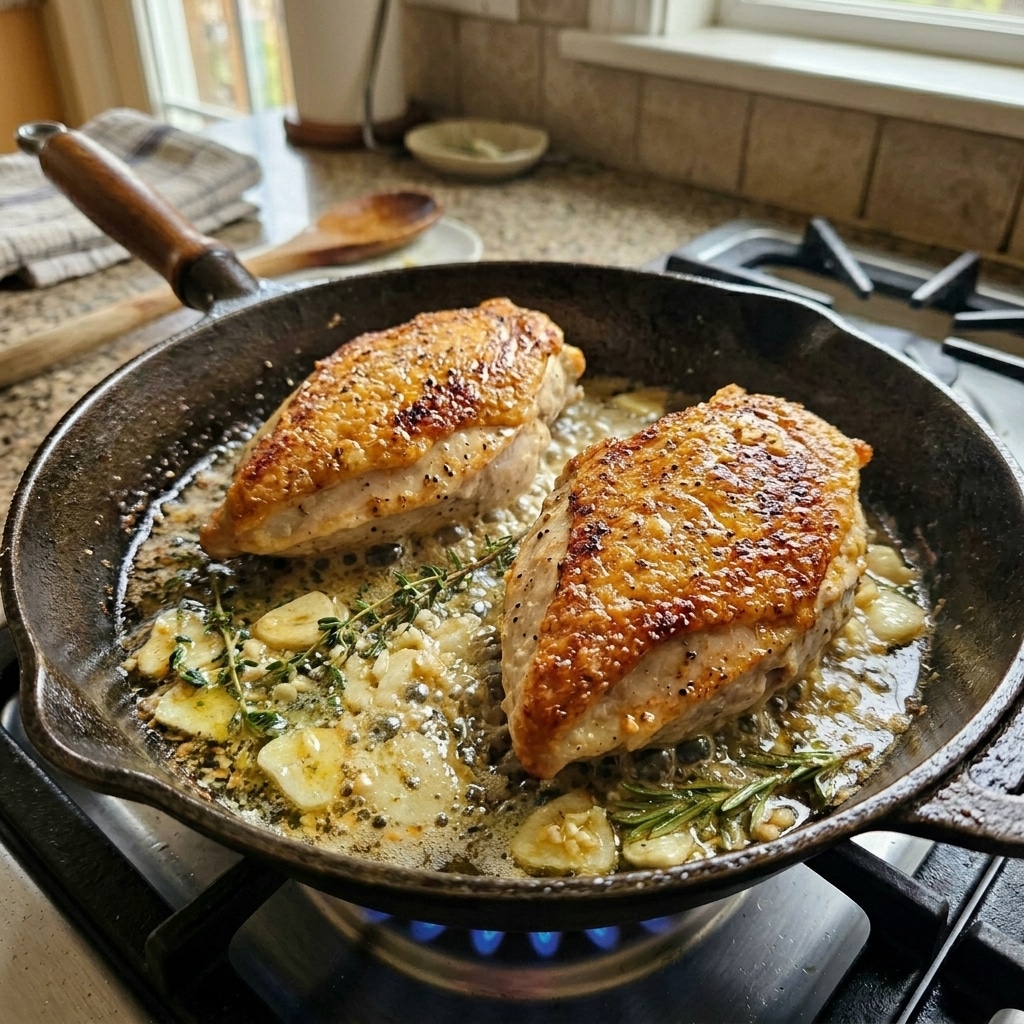 Chicken cooking in garlic butter sauce