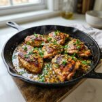 Garlic butter chicken in skillet with sauce